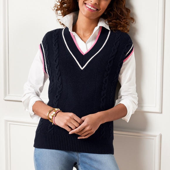 Talbots Drop Shoulder Cable Knit V Sweater Vest - Picture 1 of 5